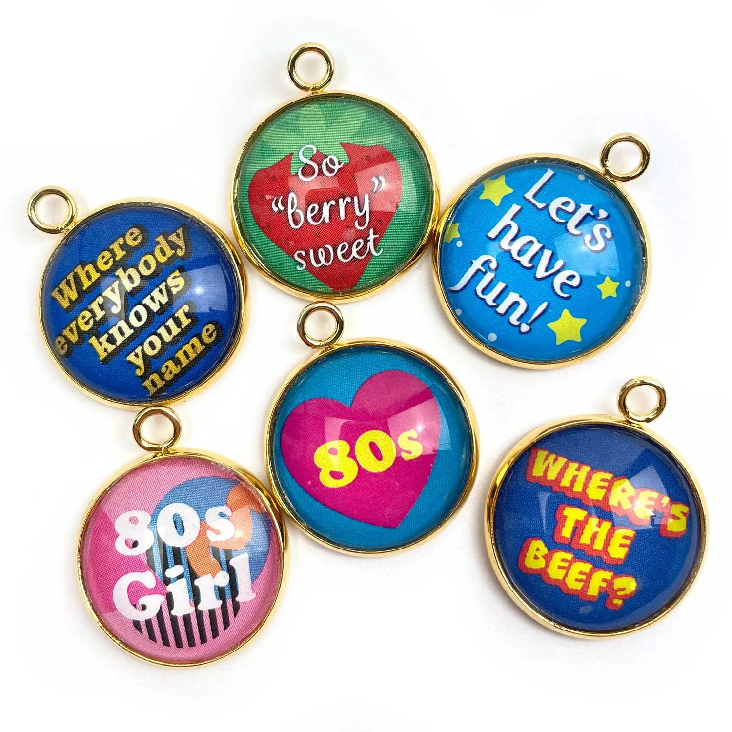 1980s Designer Charms - 80s Girl, Sitcoms, Jelly Shoes, Brands - Wholesale Bulk Glass Charm Set for Jewelry Making - 20mm