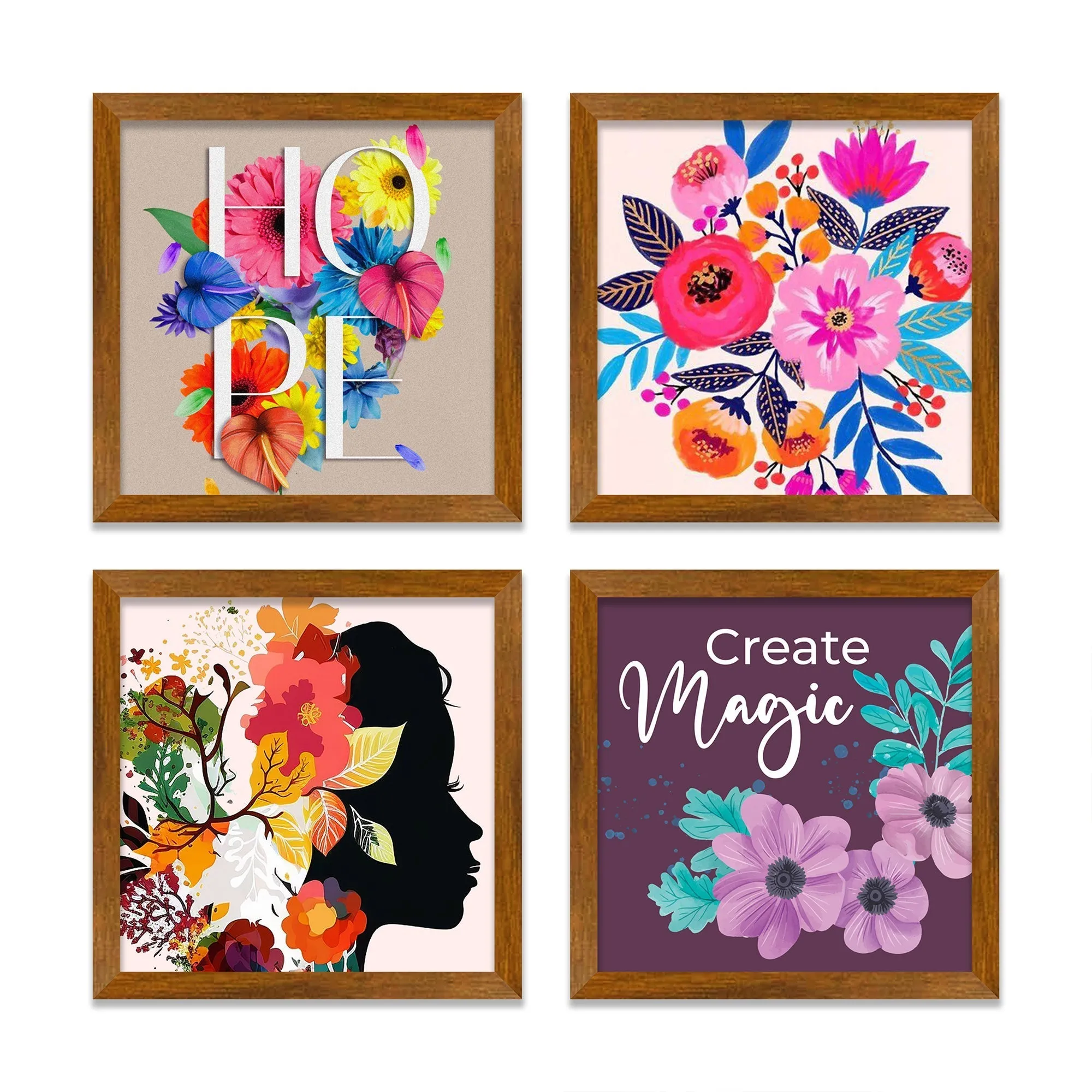 Beautiful Colorful Decorative Flower Art Wall Frame Set of Four