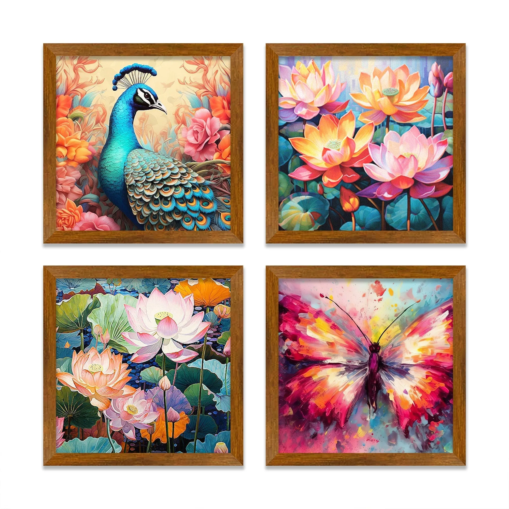 Beautiful Peacock with Colorful Flowers Wall Frame Set of Four