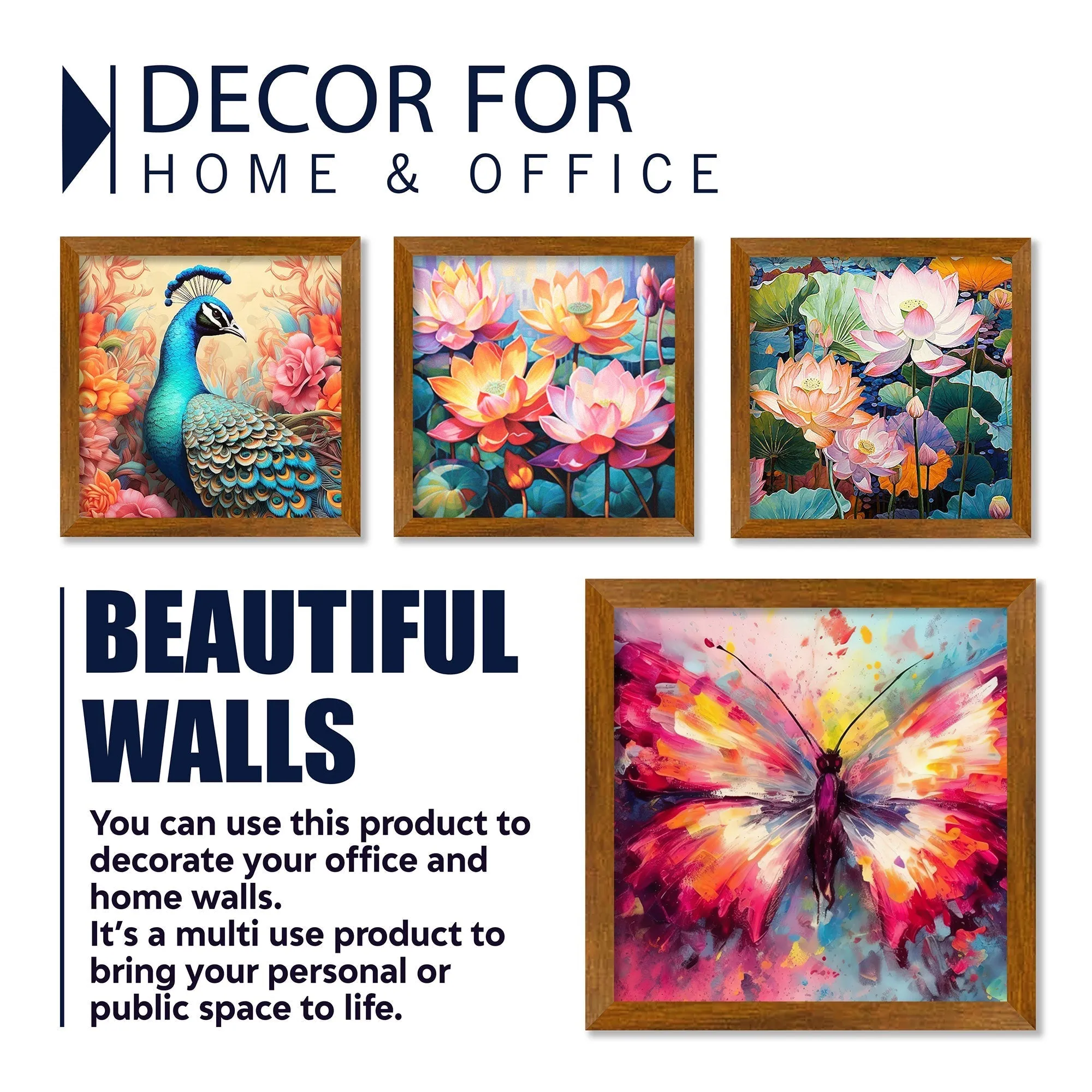 Beautiful Peacock with Colorful Flowers Wall Frame Set of Four