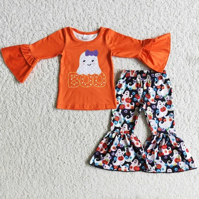 BOO! Bow Ghost Cutie Autumn Halloween Bell Bottom Pants Outfit