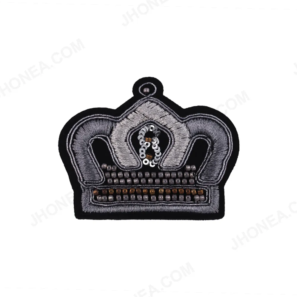 Classic Metallic Silver with Black Beaded Royal Crown Patch