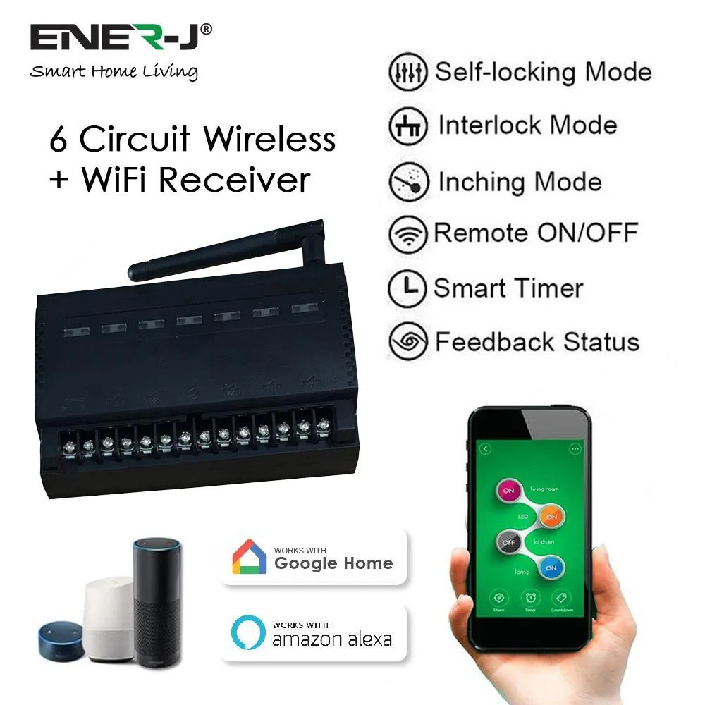 ENER-J 6 Gang Wireless Kinetic Switch, On/Off Wall Switch   6 Circuit RF WIFI Receiver Max Load 16Ax2   10Ax4, 6 Circuits