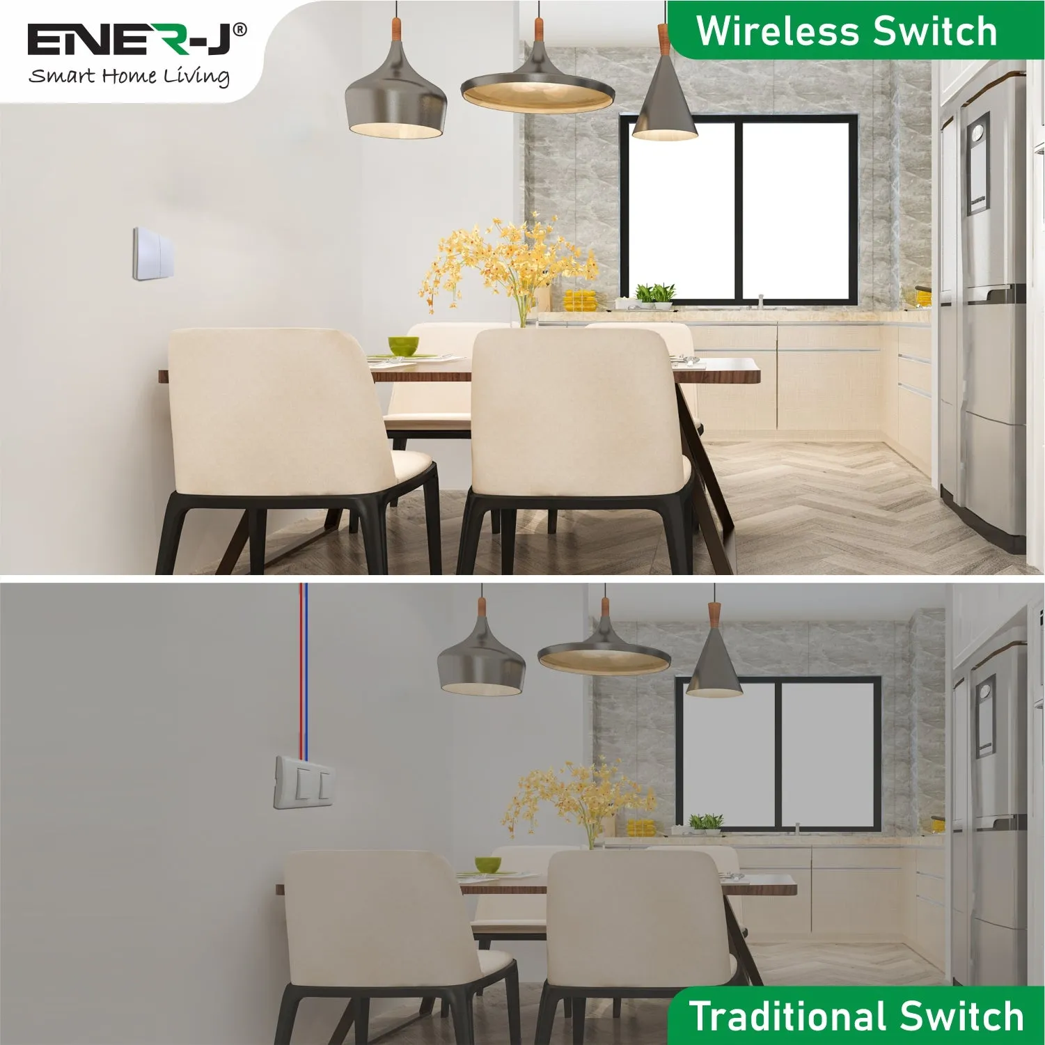 ENER-J's 2 Gang Wireless Switch White   2 ways, 5A*2 600W RF Receiver for Non Dimmable Switch