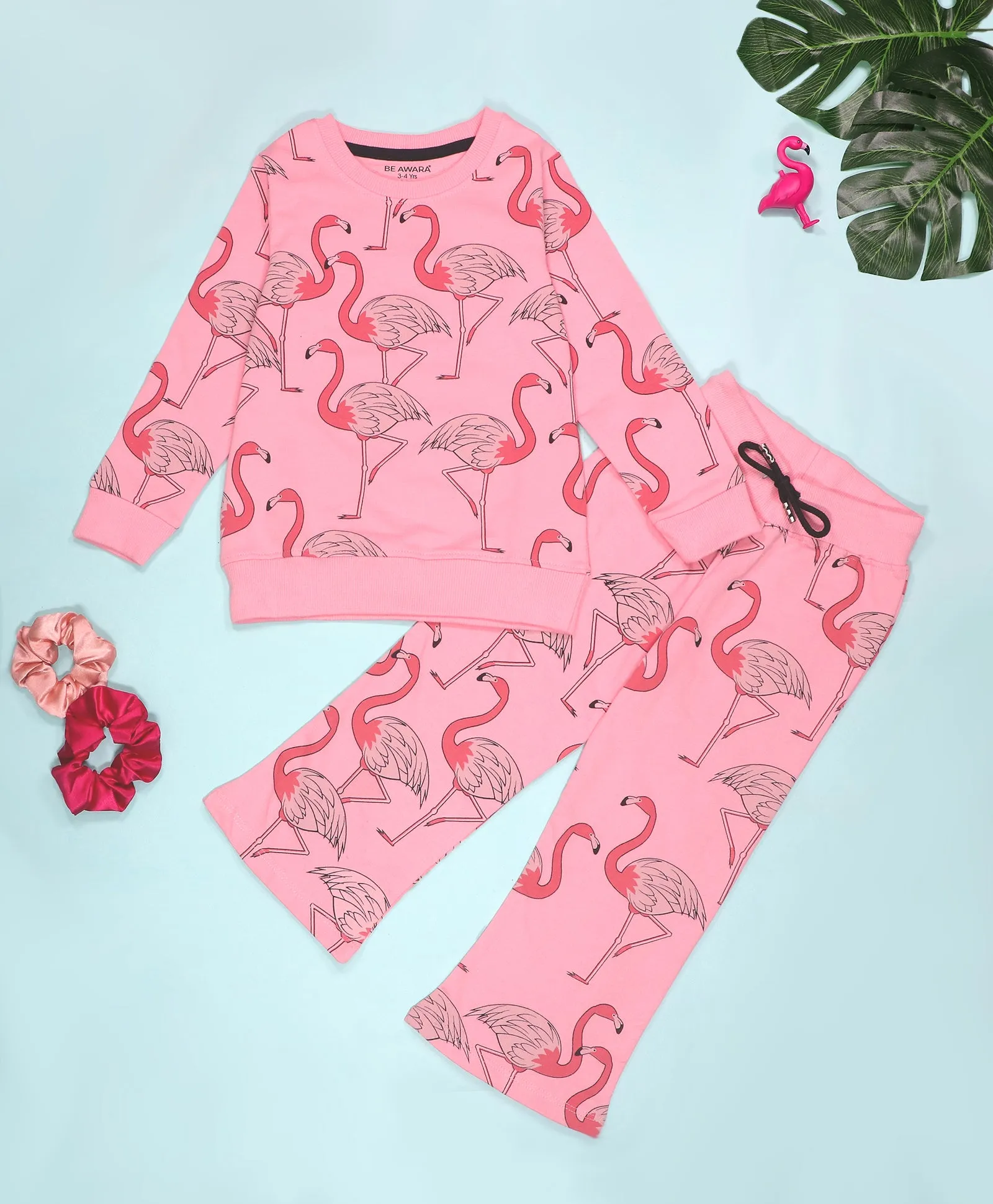 Flamingo Print Girls Sweatshirt & Flared Pants Set