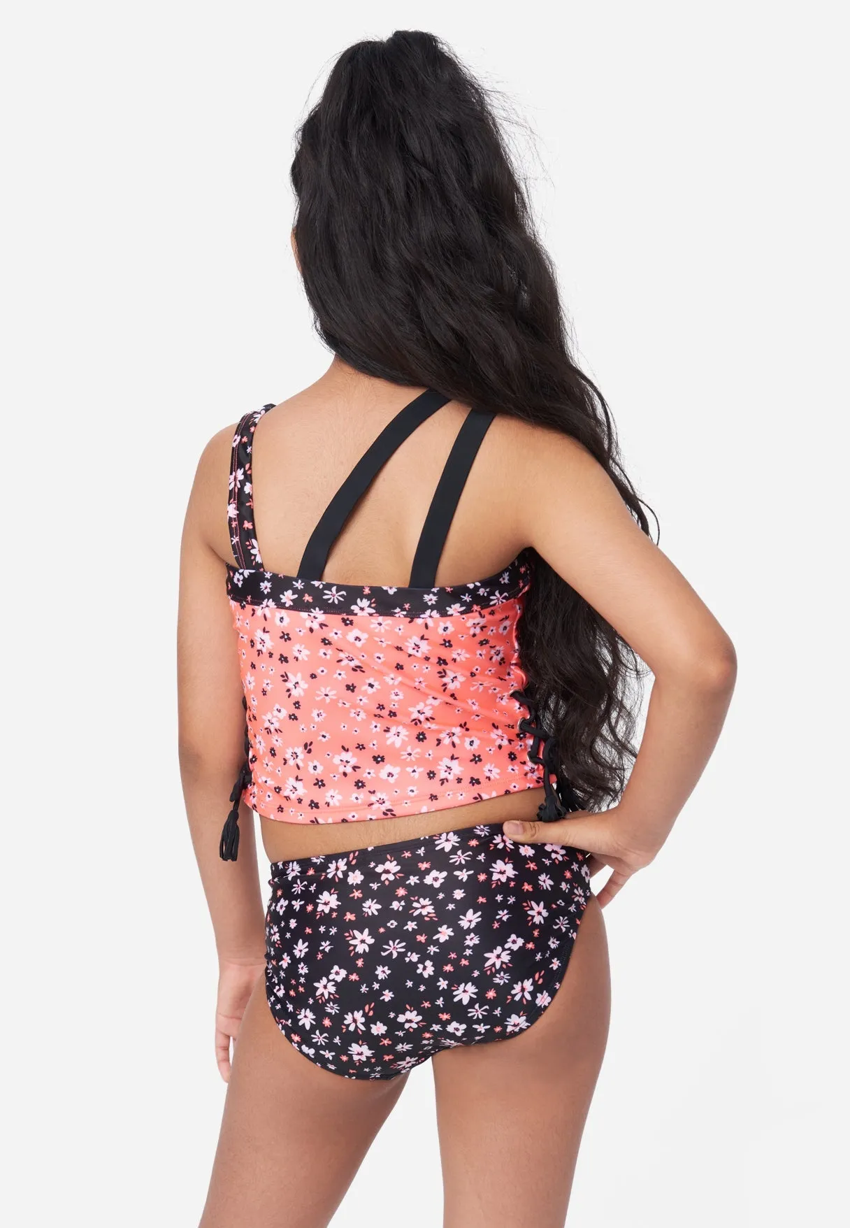 Floral Lace-Up Asymmetric Tankini Swim Set