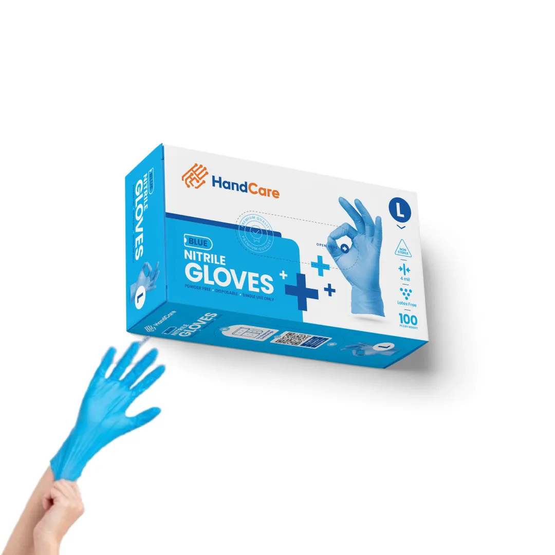 HandCare Blue Nitrile Gloves - Exam Grade, Powder Free (4 Mil), 1,000 Gloves