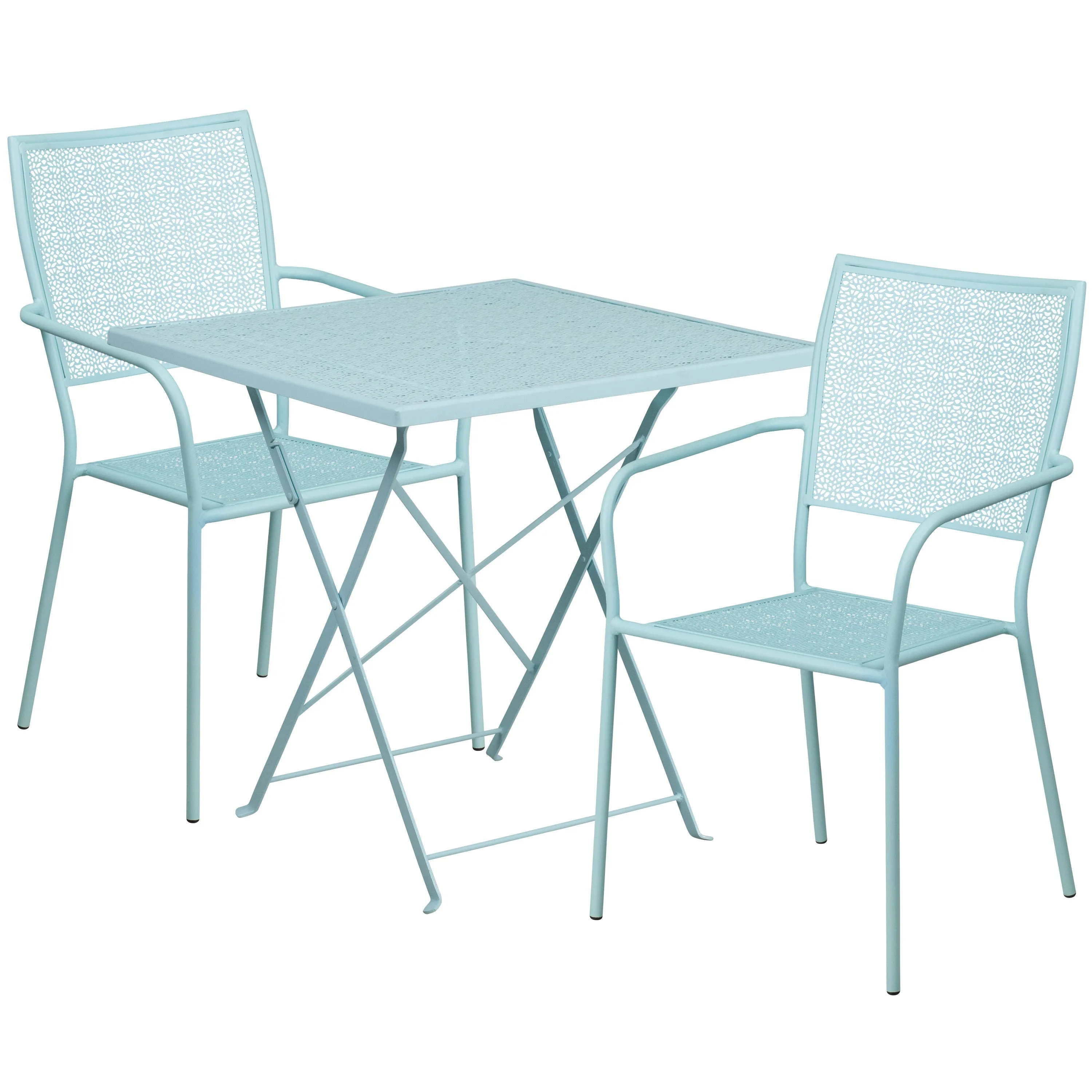 Oia Commercial Grade 28" Square Indoor-Outdoor Steel Folding Patio Table Set with 2 Square Back Chairs