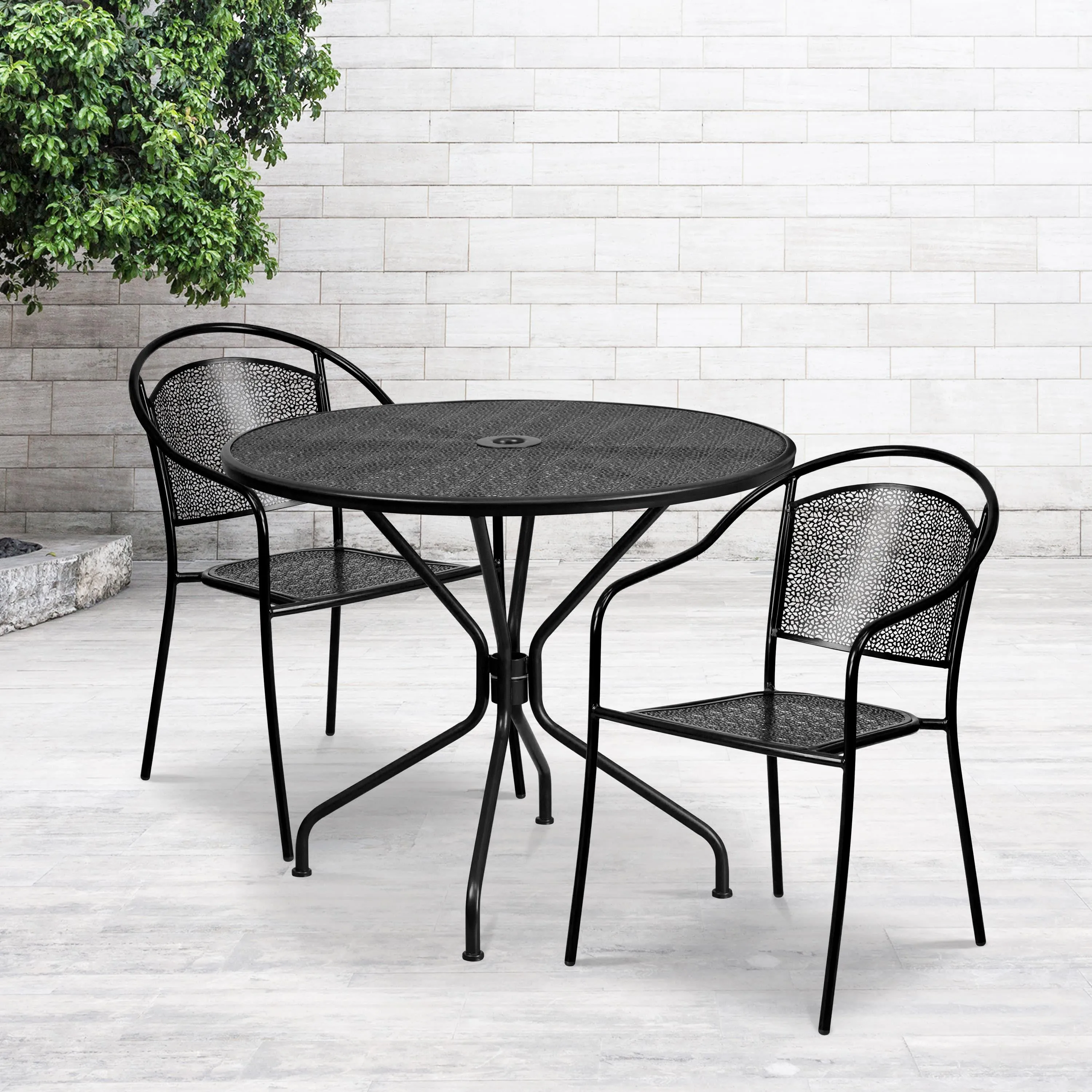 Oia Commercial Grade 35.25" Round Indoor-Outdoor Steel Patio Table Set with 2 Round Back Chairs