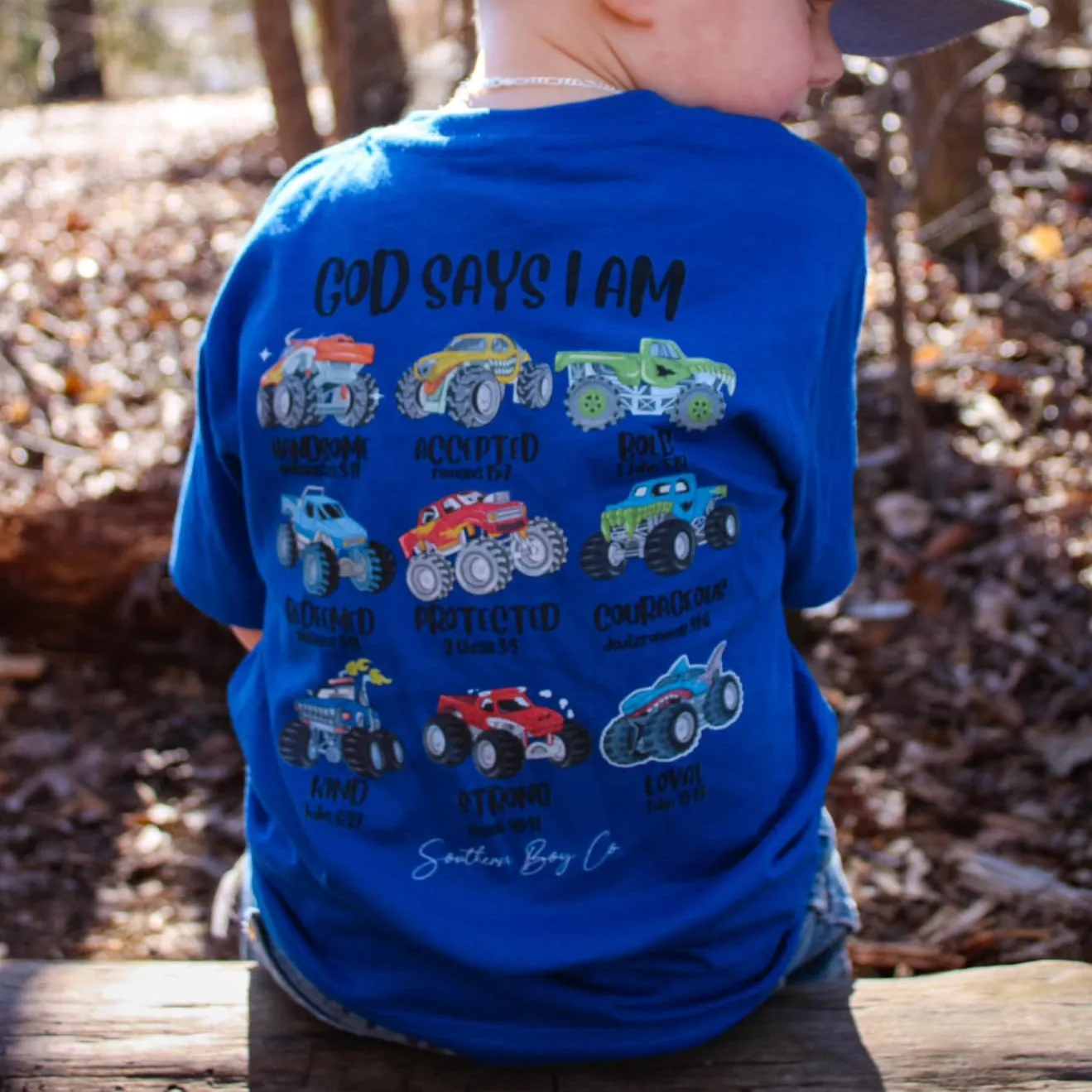 (SHORT) God Says I Am: Monster Trucks Short Sleeve Kids Tee (D)