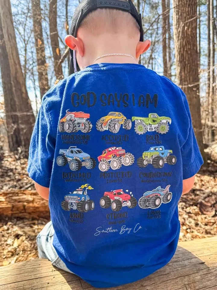 (SHORT) God Says I Am: Monster Trucks Short Sleeve Kids Tee (D)