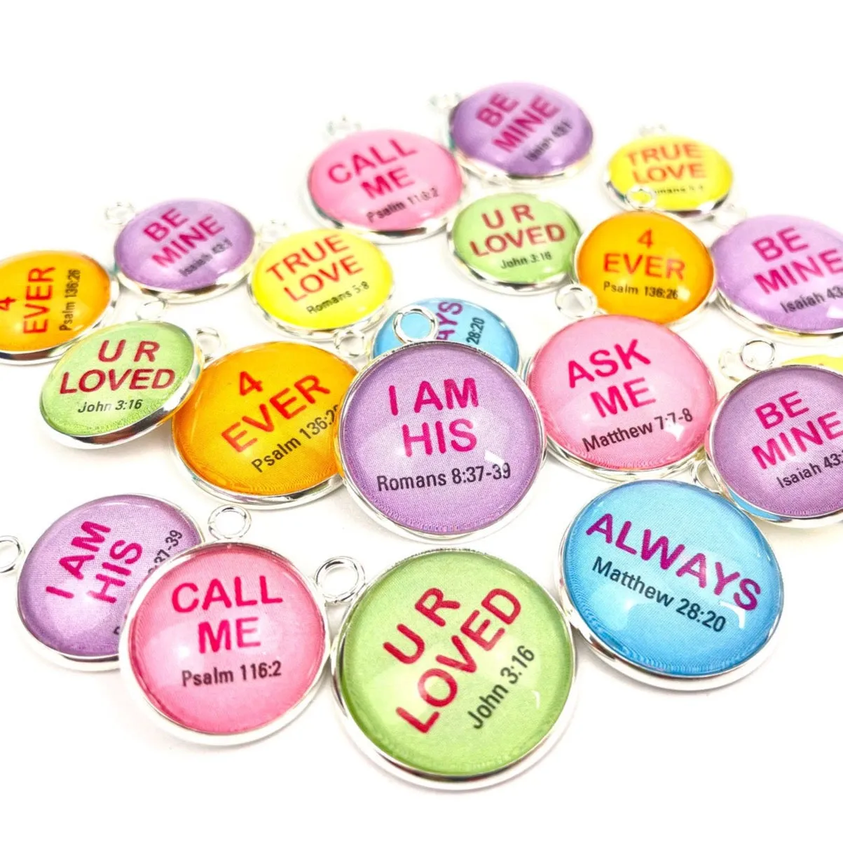 Valentine's Conversation Hearts Charms Set for Jewelry Making – 16 or 20mm, Silver – Bulk Wholesale Christian Scripture Charms