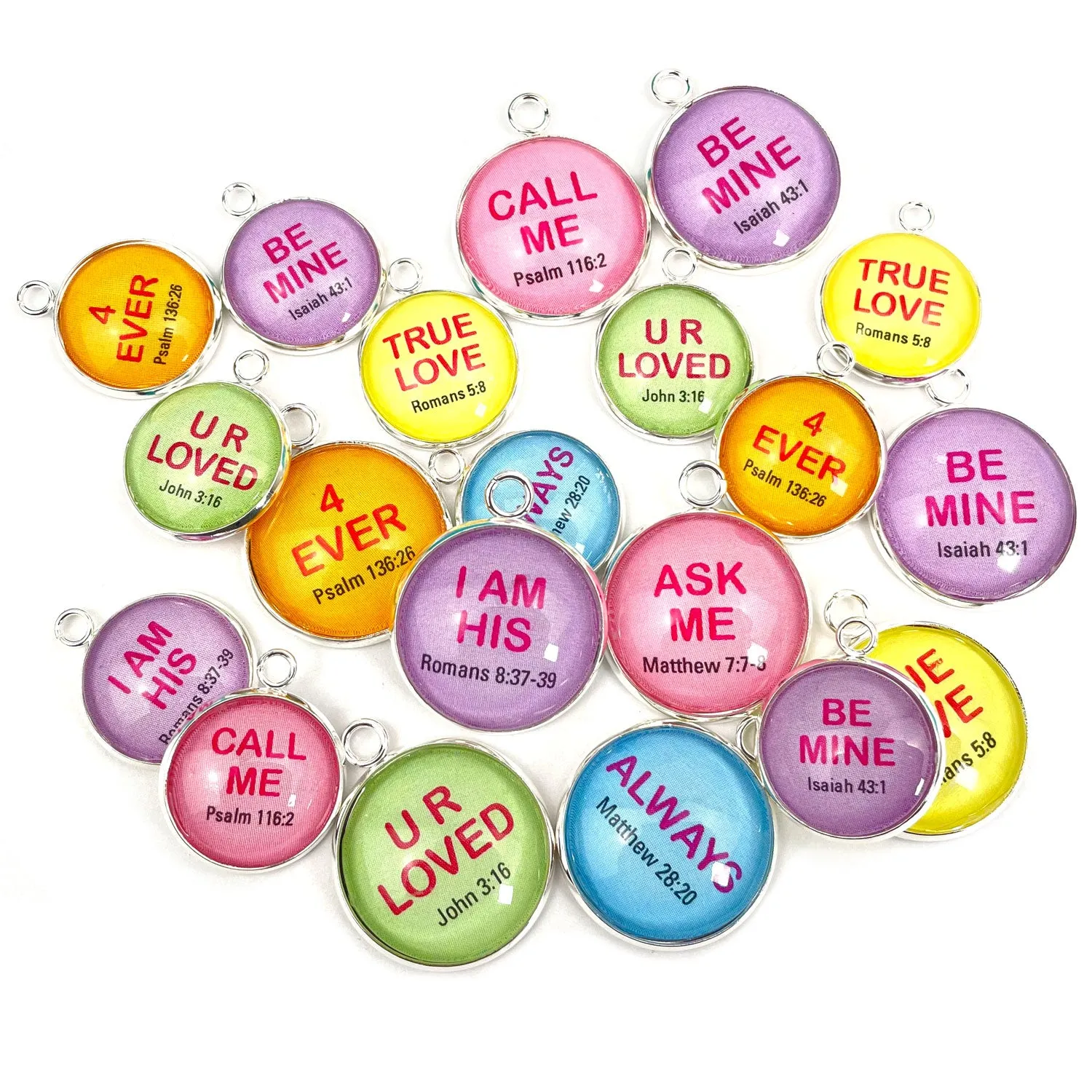 Valentine's Conversation Hearts Charms Set for Jewelry Making – 16 or 20mm, Silver – Bulk Wholesale Christian Scripture Charms